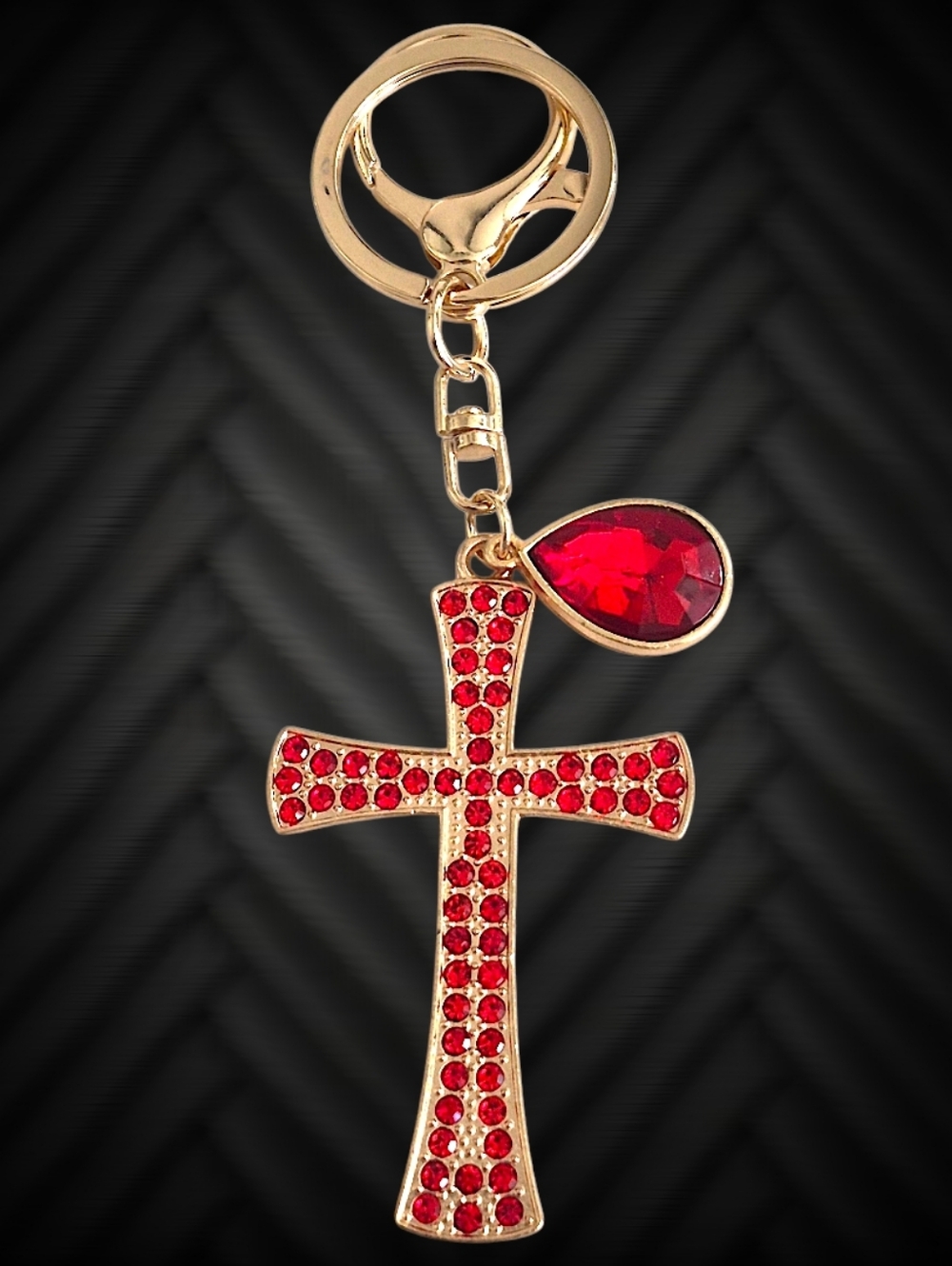 Gold Tone Cross Bag Charm / Keychain with Red Crystal Teardrop